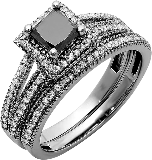 Princess Black & Round White Diamond Halo Engagement Ring Set for Women, Black Plated in 14K White Gold